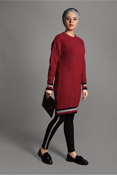 TRENDTESETTÜR Women's Red Stripe Detailed Knitwear Tunic 0017