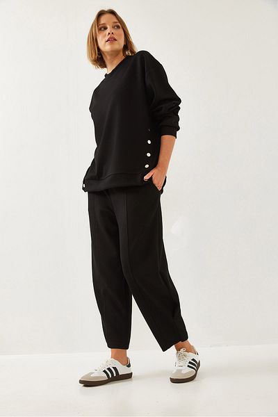 Bianco Lucci Women's Bottom and Top Set with Button Detail on the Sides 60351257