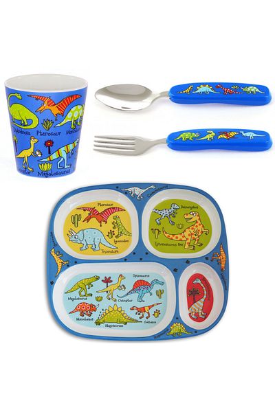 Tyrrell Katz Dino Melamine Divided Plate and Drinking Cup Set - Boxed Fork Spoon