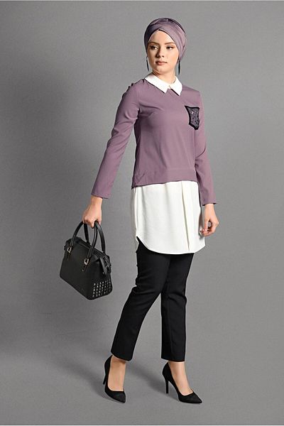 TRENDTESETTÜR 4907 Model Powder Colored Women's Tunic - Double Look Design