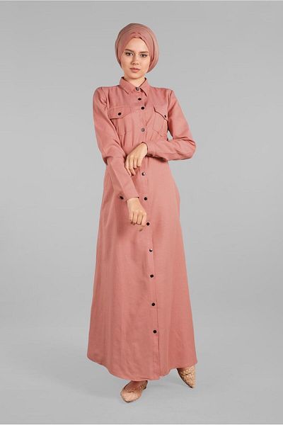 TRENDTESETTÜR Rochie de damă pudră (SOMON) cu centură și nasturi în față 82