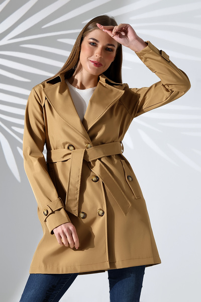 B.HE.Z Kadın Degaje Kuşaklı Yarım Boy Astarlı Uzun Kollu Döğmeli TrençKot Camel