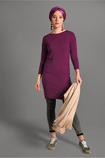 TRENDTESETTÜR Women's Purple (Violet) Crew Neck Knitwear Tunic 42815