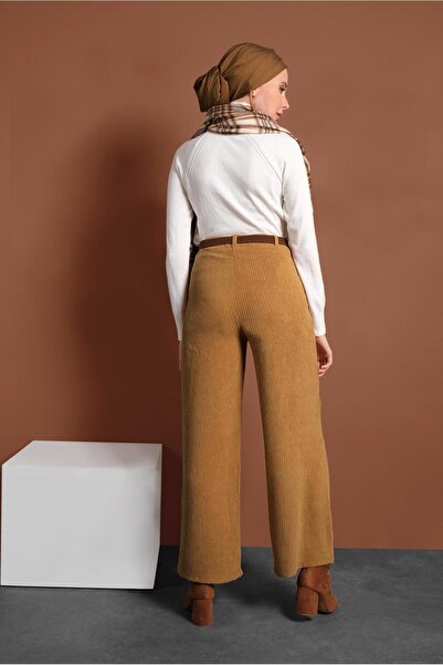 TRENDTESETTÜR Women's Orange (MUSTARD) Corded Elastic Waist Cotton Trousers 7330