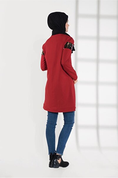 TRENDTESETTÜR Red Cotton Women's Tracksuit Tunic - Sequin Detailed 0302