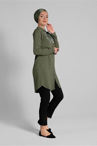 TRENDTESETTÜR Women's Khaki Embroidered Cotton Tunic 2174