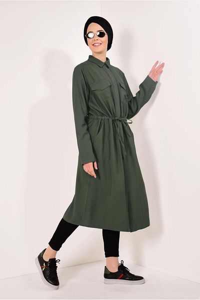 TRENDTESETTÜR Women's Khaki Drawstring Waist Pocket Detailed Tunic 0008