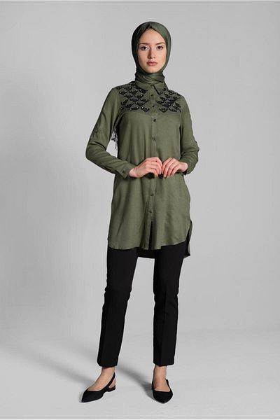 TRENDTESETTÜR Women's Khaki Side Slit Detailed Tunic 4174