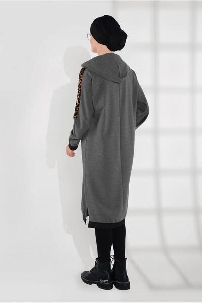 TRENDTESETTÜR Gray Leopard Print Hooded Women's Tracksuit Tunic - Antresit 635