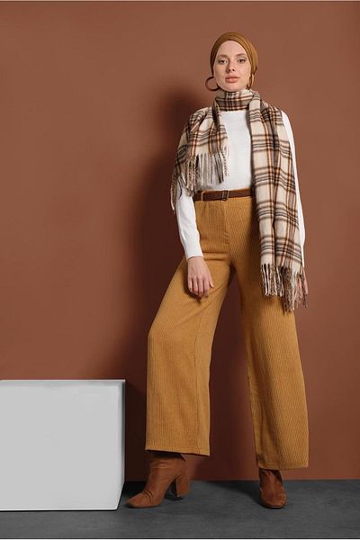 TRENDTESETTÜR Women's Orange (MUSTARD) Corded Elastic Waist Cotton Trousers 7330