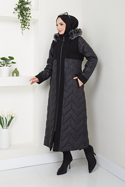 Pamuk Butik Kadın Kaşe Detaylı Tam Boy Kapitone Mont