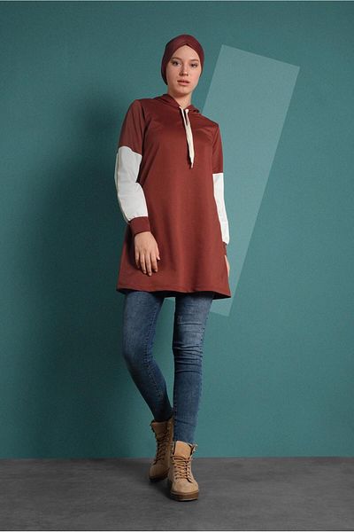 TRENDTESETTÜR Women's Brown (TILE) Hooded Embroidery Detailed Tracksuit Tunic 2655