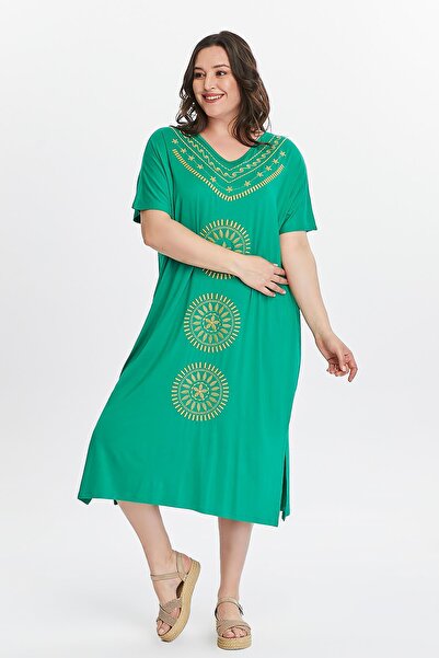 Ebsumu Rochie Extra Confortabilă Brodata Verde Marime Plus