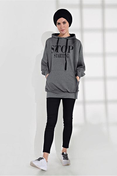 TRENDTESETTÜR Women's Gray (ANTRESIT) Text Printed Pocket Sweatpants Tunic 6102