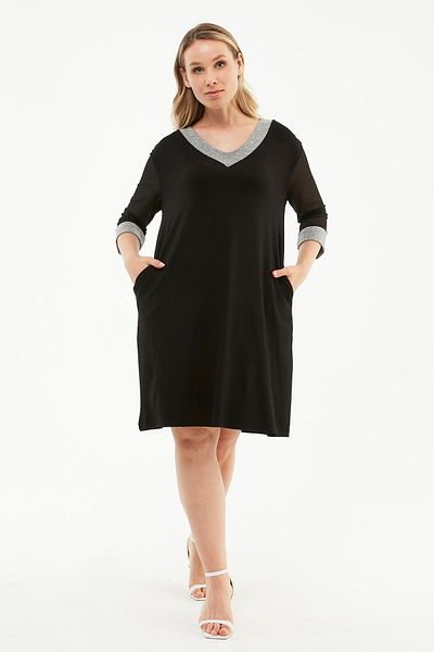 Ebsumu Plus Size Black Knitted Dress - Transparent Sleeve Detail