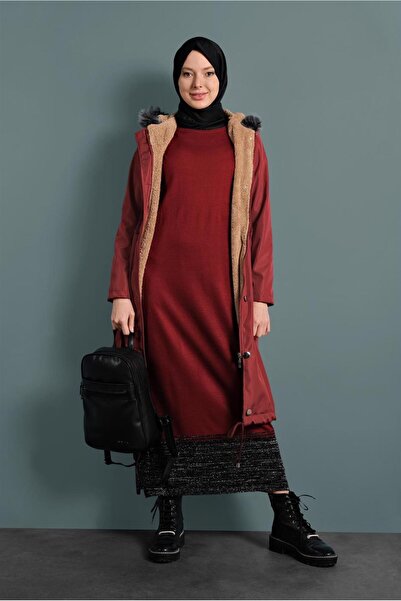 TRENDTESETTÜR Women's Brown (TILE) Waist Part Drawstring Hooded Coat 5021