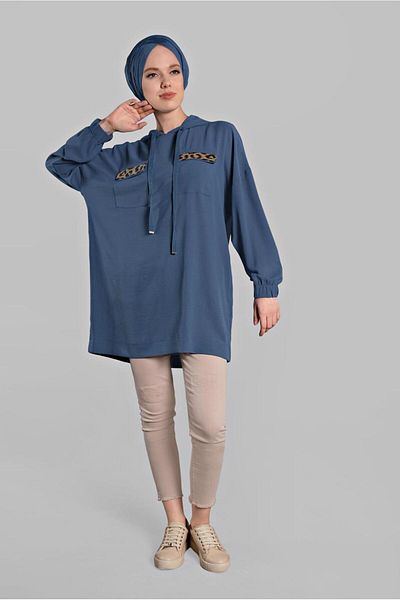 TRENDTESETTÜR Tunica cu glugă cu model leopard albastru bleumarin pentru femei (INDIGO) 60191
