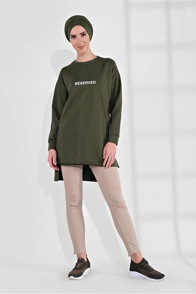 TRENDTESETTÜR Women's Khaki Cotton Text Printed Tunic 2300