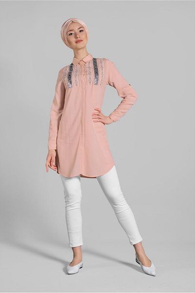 TRENDTESETTÜR Women's Powder (SOMON) Sequin and Embroidered Tunic 3691