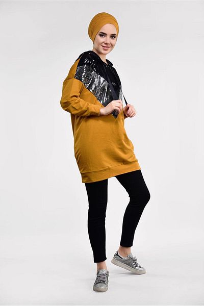 TRENDTESETTÜR Women's Orange (MUSTARD) Hooded Cotton Tracksuit Tunic 57291