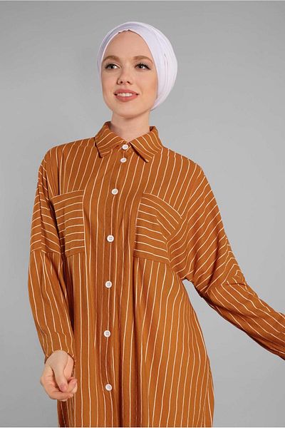 TRENDTESETTÜR Γυναικείο Tan (A.TABA) ριγέ τουνίκ με κουμπιά 79202