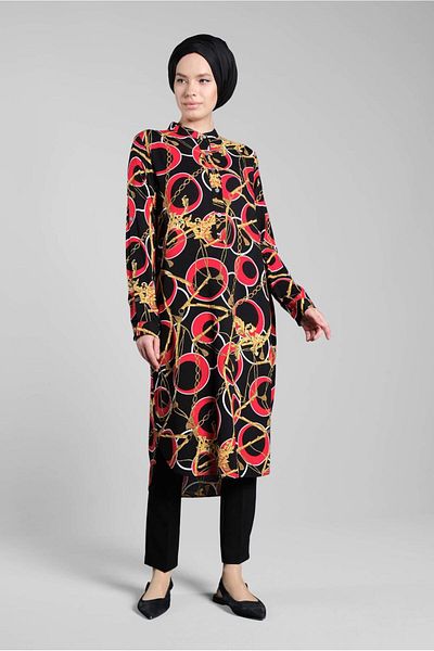 TRENDTESETTÜR Black Red Mix Patterned Women's Tunic 8314