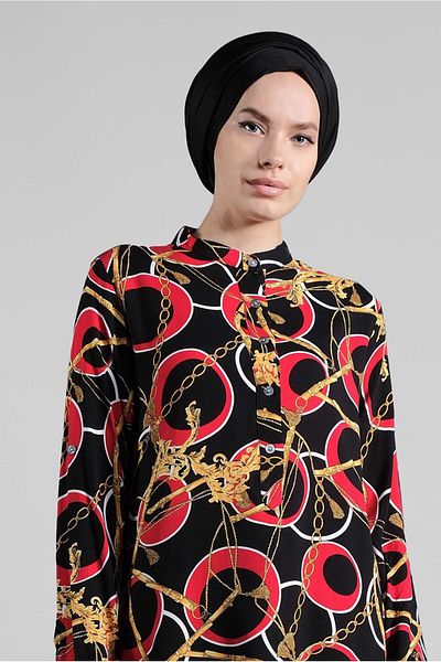 TRENDTESETTÜR Black Red Mix Patterned Women's Tunic 8314