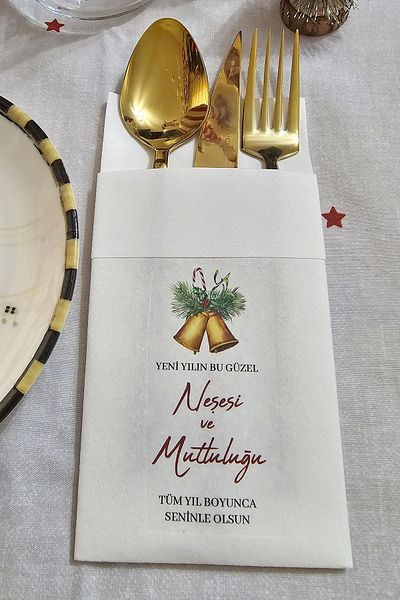 PEKSHOP New Year's Printed Fabric Textured Bells and Wishes - White Napkin with Pockets Set of 6