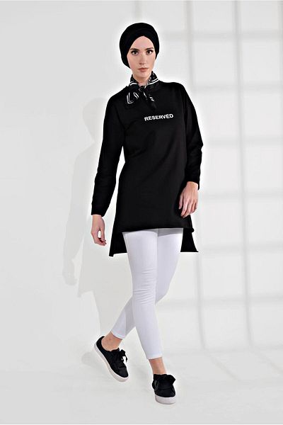 TRENDTESETTÜR Text Printed Black Cotton Women's Tunic - 2300