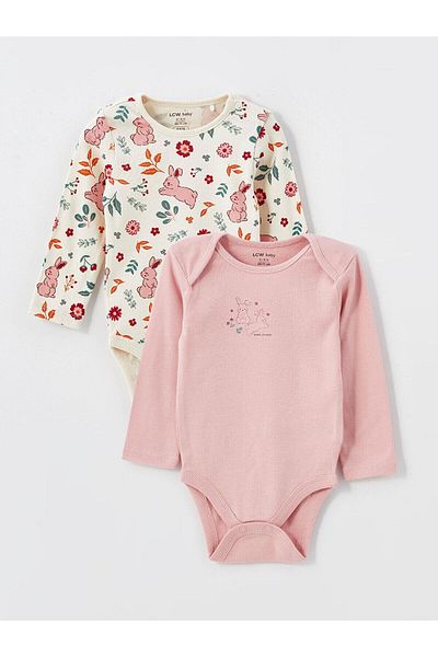 LC Waikiki LCW baby Crew Neck Long Sleeve Printed Baby Girl Snap-On Body 2-Piece