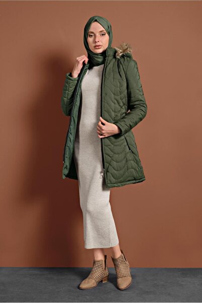 TRENDTESETTÜR Χακί γυναικείο πουπουλένιο παλτό με κουκούλα - 1008