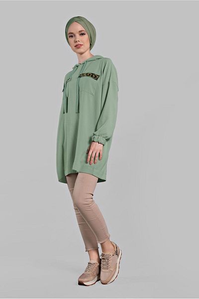 TRENDTESETTÜR Women's Green (REAM) Leopard Patterned Hooded Tunic 60191