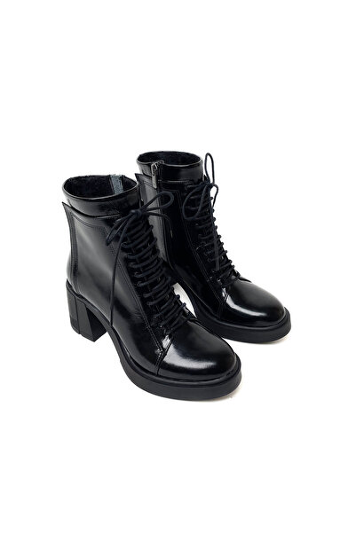 RABU حذاء نسائي أسود من الجلد اللامع مصنوع من الجلد الطبيعي بكعب سميك وأربطة ...