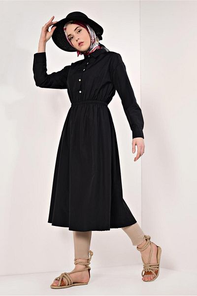 TRENDTESETTÜR Women's Black Gathered Waist Tunic 60003