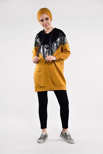 TRENDTESETTÜR Women's Orange (MUSTARD) Hooded Cotton Tracksuit Tunic 57291