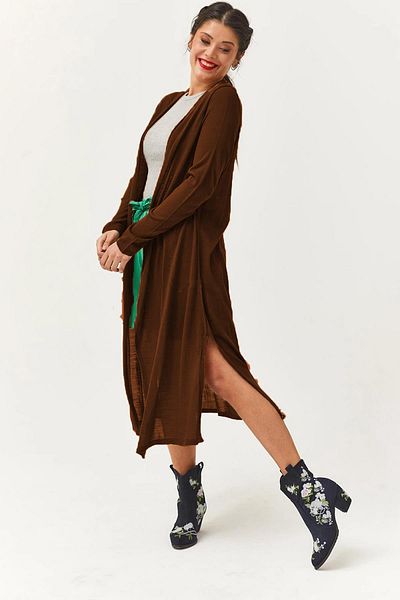 Ebsumu Long Thin Knitwear Red Brown Women's Cardigan