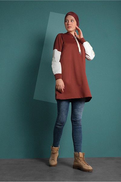 TRENDTESETTÜR Women's Brown (TILE) Hooded Embroidery Detailed Tracksuit Tunic 2655
