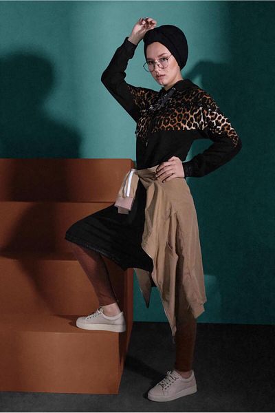 TRENDTESETTÜR Women's Black Leopard Patterned Hooded Tracksuit Tunic 635