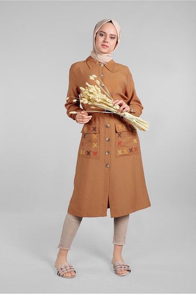 TRENDTESETTÜR Tan Embroidered Women's Tunic - Front Button, Pockets Detail 3234