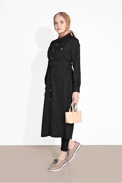 TRENDTESETTÜR Women's Black Neck Buttoned Belted Tunic 3375