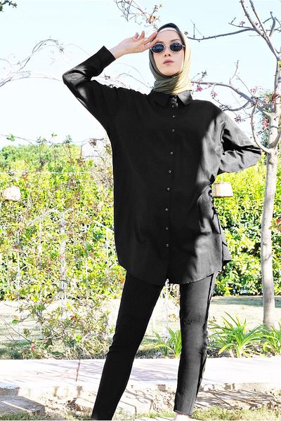 TRENDTESETTÜR Women's Black Buttoned Men's Collar Tunic 0311