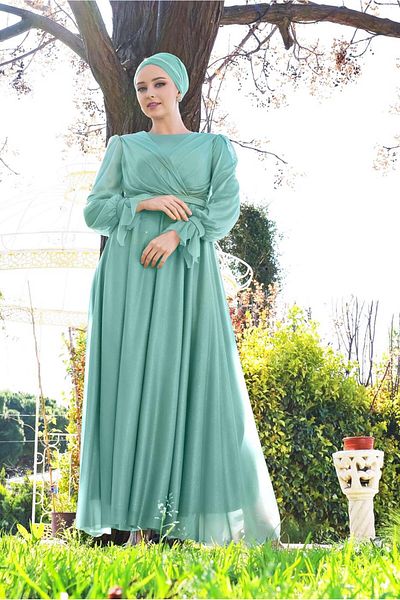 TRENDTESETTÜR Γυναικείο βραδινό φόρεμα με πράσινο (MINT) μανίκια με βολάν ασημί τούλι 1710
