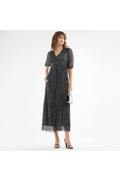 FAV Textured V-neck Dress with 3/4 Sleeves and Knot Detail