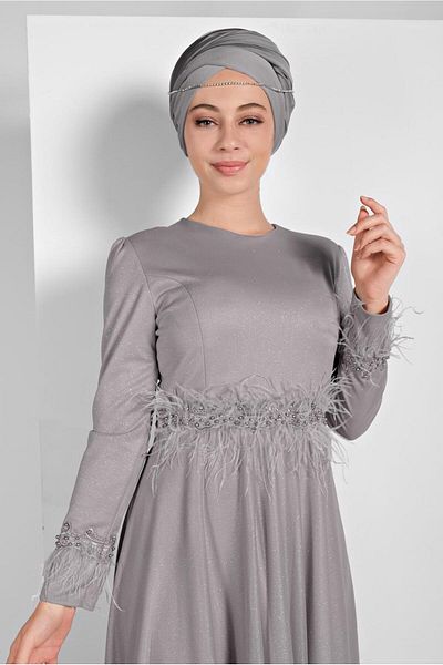 TRENDTESETTÜR Γυναικείο βραδινό φόρεμα με γκλίτερ γκρι γούνινο φόρεμα 7710