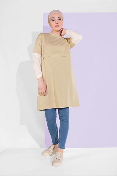 TRENDTESETTÜR Γυναικείο πράσινο (ÇAĞLA-EKRU) Μανσέτες Elastic Crew Neck Tunic 30125