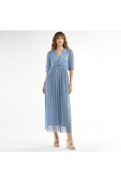 FAV Textured V-neck Dress with 3/4 Sleeves and Knot Detail