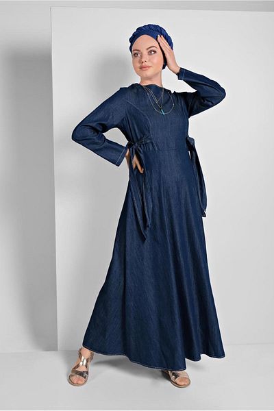 TRENDTESETTÜR Γυναικείο τζιν φόρεμα με μπλε ναυτικό (INDIGO) με κορδόνι στη μέση 9134
