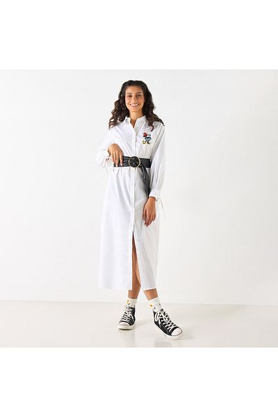 SP Characters Minnie Mouse Embroidered Slit Detail Shirt Dress With Long Sleeves And Cinched Waist