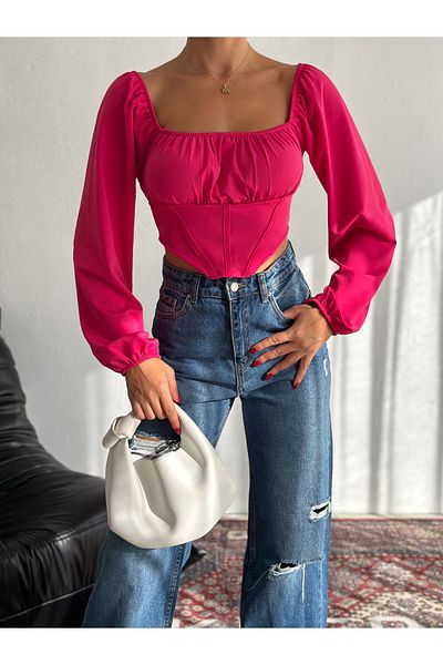 QUTTA Φούξια Madonna Collar Bodice Piping Diver Fabric Crop Μπλούζα - Μακρυμάνικο