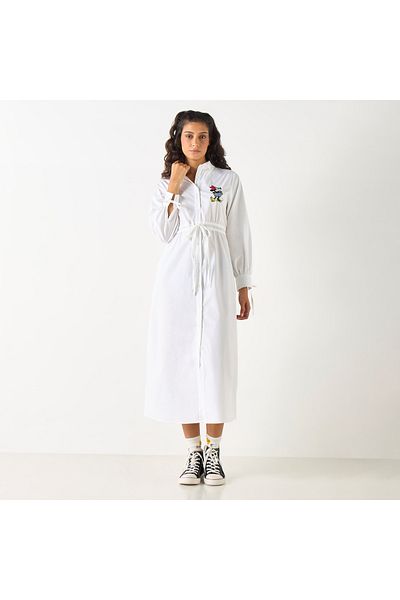 SP Characters Minnie Mouse Embroidered Slit Detail Shirt Dress With Long Sleeves And Cinched Waist